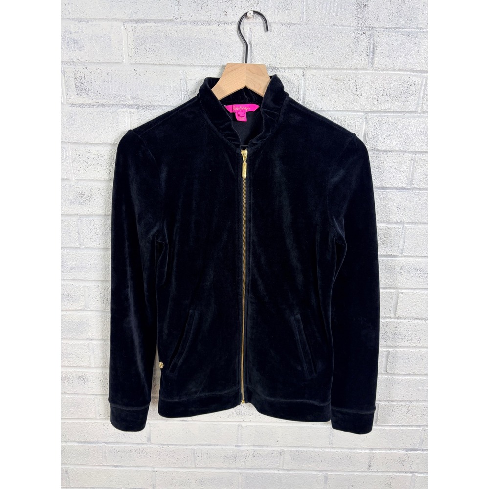 Lilly Pulitzer Jayla Velour Zip Up Jacket Womens S Black Ruffle Neck Pockets